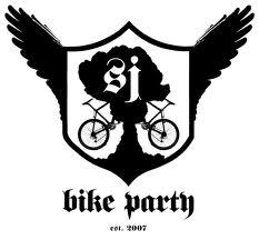 San Jose Bike Party logo, featuring a crest with "sj" and a bike broken in half inside the crest, wings on the outside edge of the crest, and the words 'bike party' outside of the crest 