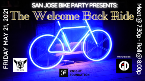 A poster for the SJBP "welcome back ride" that took place on Mary 21, 2021. The poster features an image of a neon bicycle.