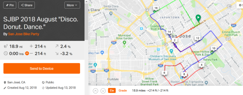 A screenshot from Strava of the SJBP August 2018 Disco, Donut, Dance bike ride