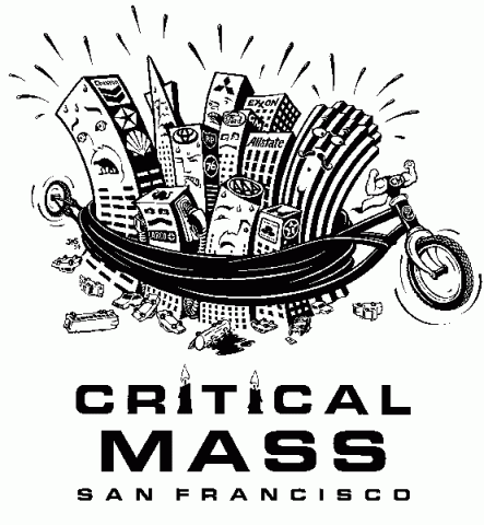 An image of the Critical Mass San Francisco logo, featuring a comic-style drawing of a bicycle wrapped around a group of tall buildings with faces.