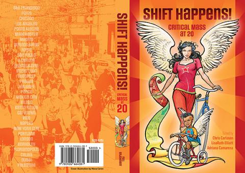 An image of the "Shift Happens: Critical Mass at 20" book cover, featuring a white person with long black hair, wings, and a red outfit on riding a bicycle, with a small Black child with dark hair, wings, and a colourful outfit on. 