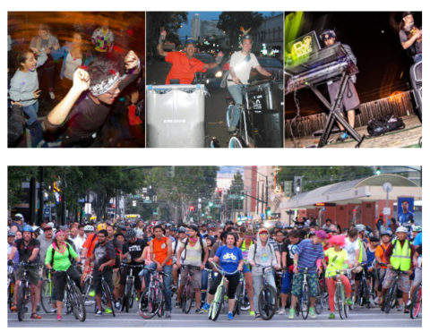 Four photos featuring a mass start and people dancing and riding bicycles