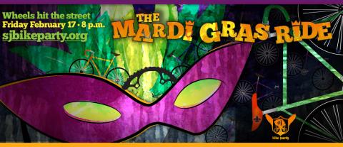 An image of a Mardi Gras Ride poster, featuring a purple and green eye mask and a turquoise bicycle