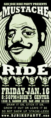 A poster for the Mustache Ride, featuring a drawing of a person with a moustache in black and white