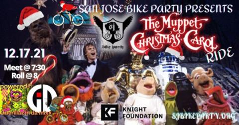 A poster of the Muppet Christmas Carol Ride, with images of muppets, bicycling, and Santa hats.