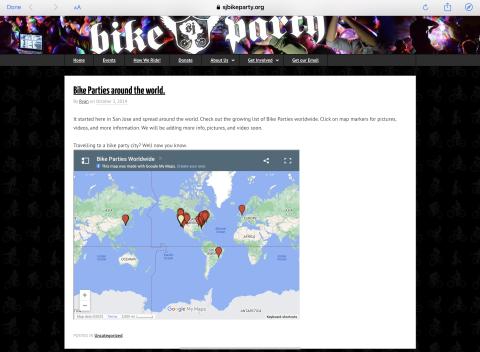 A screenshot from the SJBP website of a world map with pins showing different bike parties around the world. 