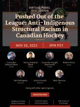 event poster for 'pushed out of the league: anti-Indigenous structural racism in Canadian hockey'